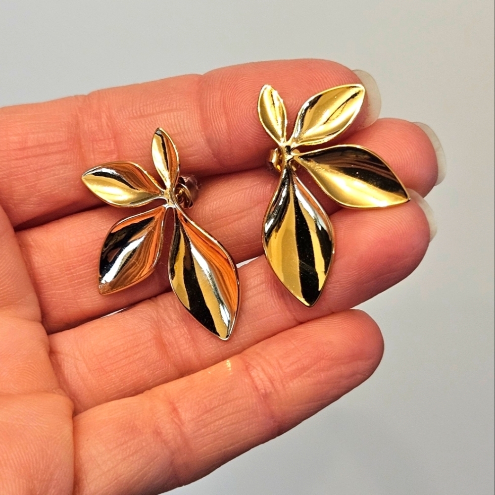NEW Gold-Tone Stainless Steel Leaf Earrings